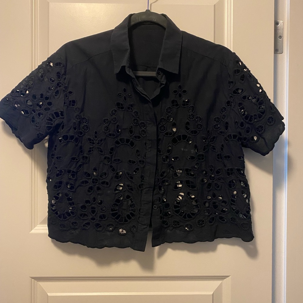 Navy Eyelet Short Sleeve Blouse